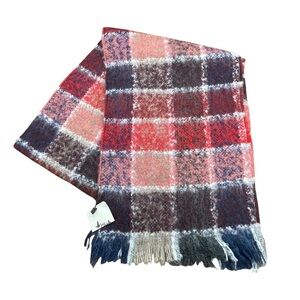 NWT Beymen Club Plaid Fringe Mohair Blend Scarf in Red Pink Purple Blue